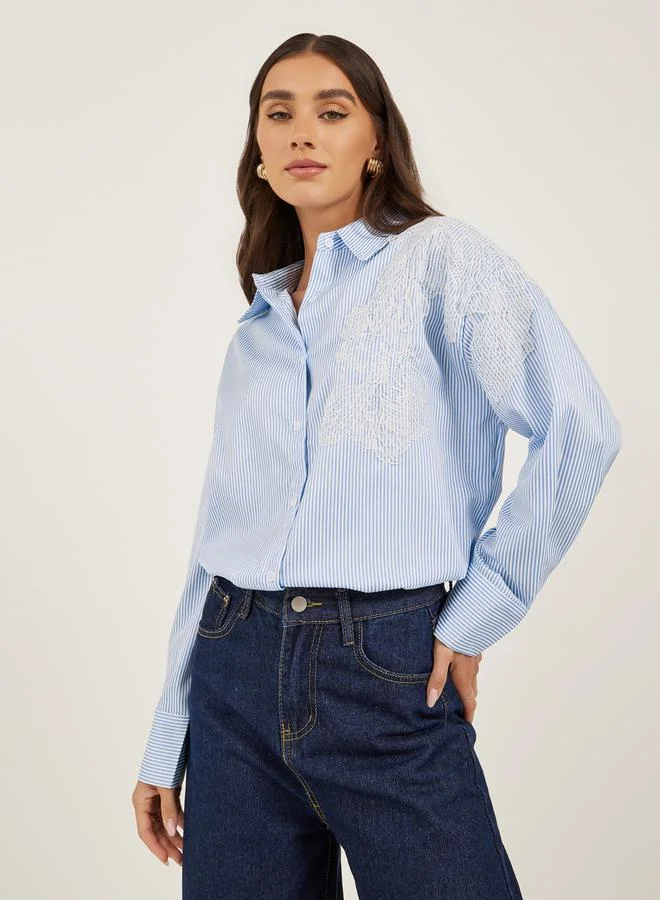 Striped Long Sleeve Oversized Shirt with Lace Detail