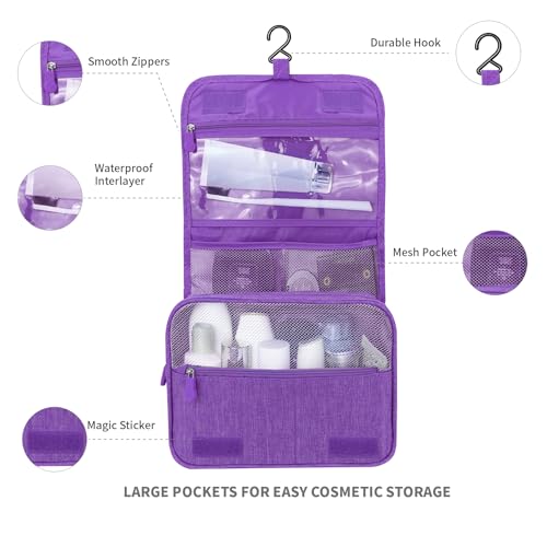 Lcsmaokin Large Capacity Toiletry Bag Travel Bag with Hanging Hook for Men and Women Waterproof Travel Cosmetic Bag Bathroom Storage Bag for Brushes Set, Full-Sized Shampoo, Toiletries, (Purple) - Image 2