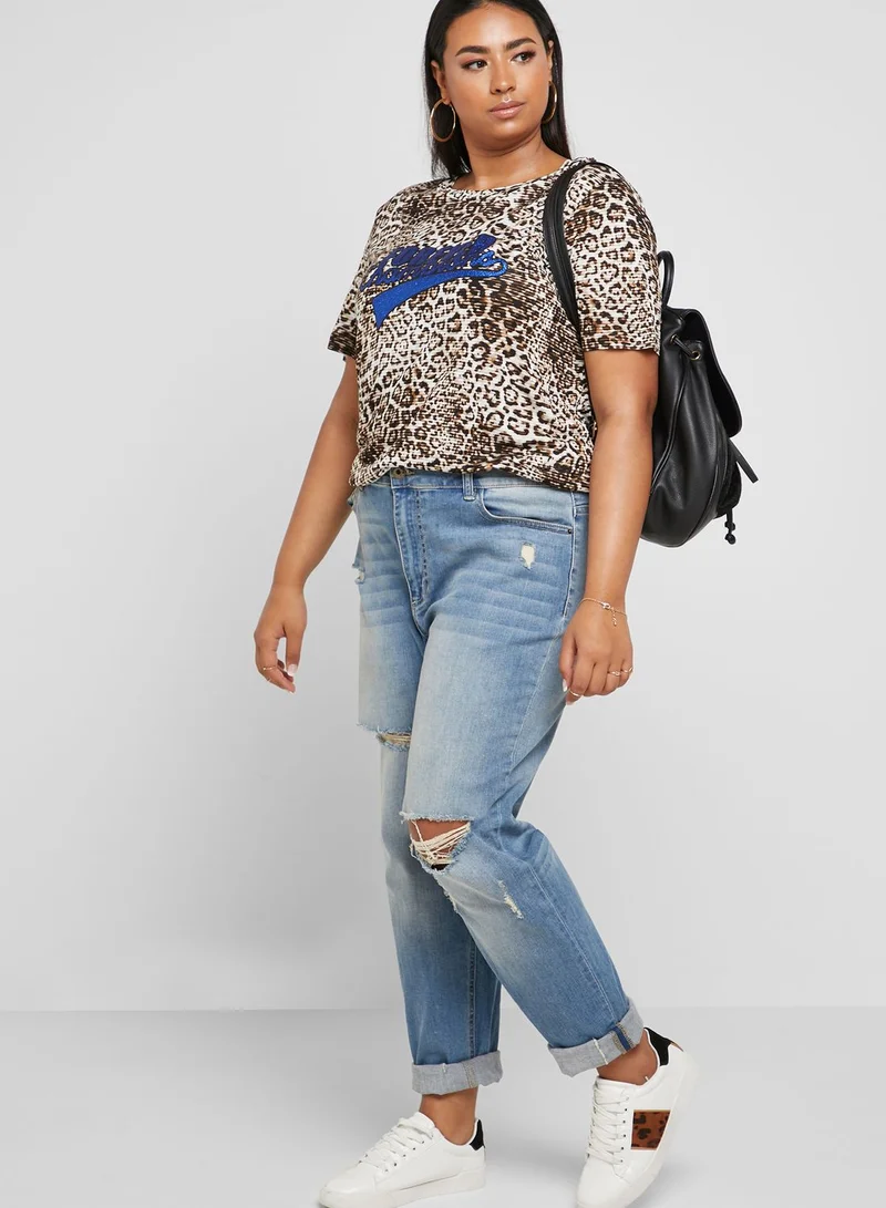 Only Carmakoma Animal Print Slogan T-Shirt