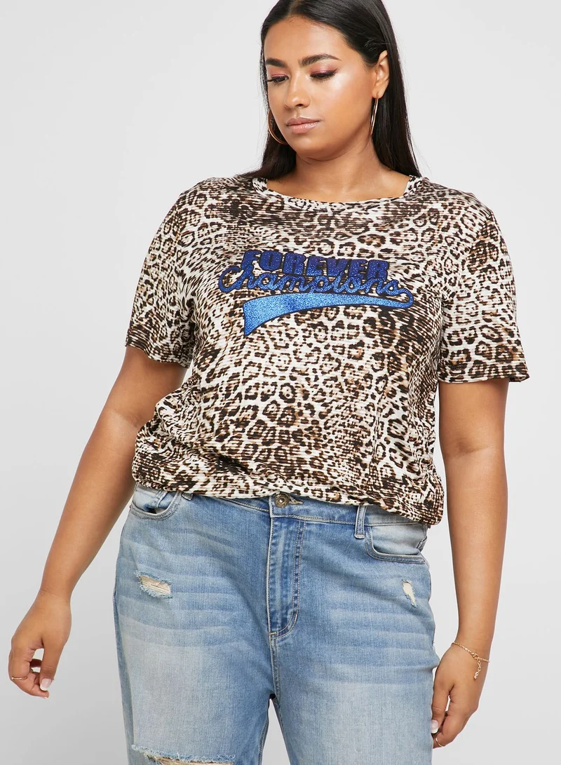 Only Carmakoma Animal Print Slogan T-Shirt