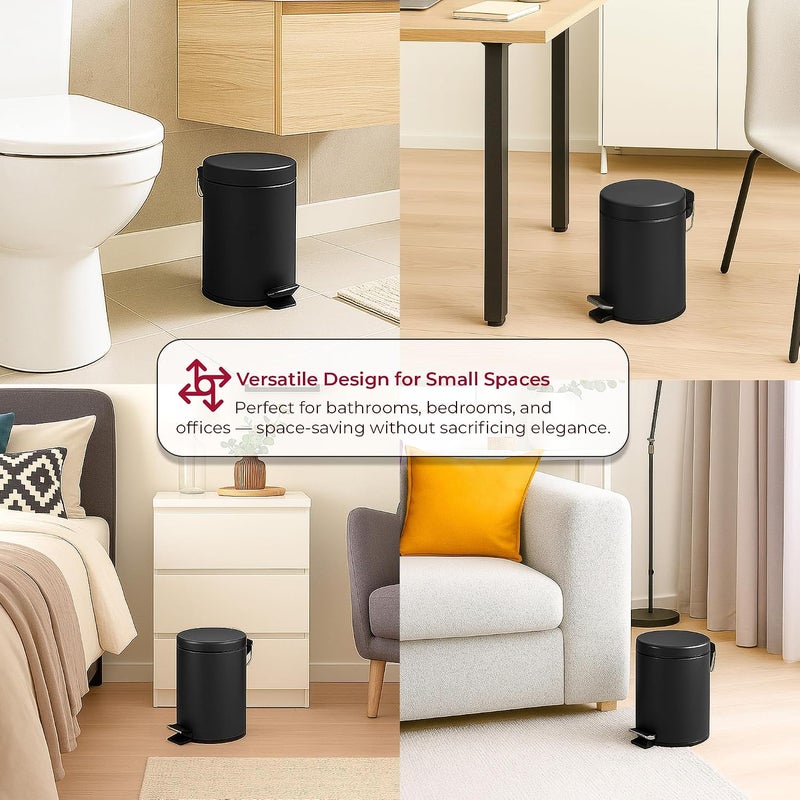 Novel Solutions إنوتيك إسنشيالز سلة دواسة مستديرة مطلية بالألوان سعة 3 لتر حجم 26x17 سم للمطبخ والحمام، أسود غير لامع، فولاذ مطلي بالبودرة، 3 لتر - Image 4