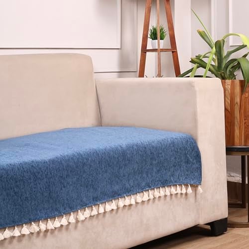 STITCHNEST Blue Chenille Sofa Cover 48x30 Inch – Soft, Durable & Textured Fabric with Tassels | Sofa for Living Room, Bedroom, or Drawing Room - Image 1