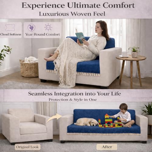 STITCHNEST Blue Chenille Sofa Cover 48x30 Inch – Soft, Durable & Textured Fabric with Tassels | Sofa for Living Room, Bedroom, or Drawing Room - Image 3