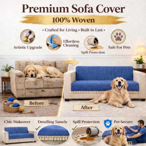 STITCHNEST Blue Chenille Sofa Cover 48x30 Inch – Soft, Durable & Textured Fabric with Tassels | Sofa for Living Room, Bedroom, or Drawing Room - Image 4