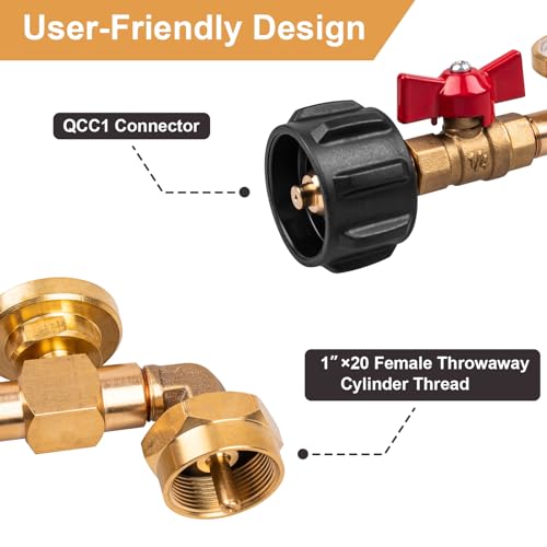 Siasky Upgraded Propane Refill Adapter 20lb to 1lb Converter, Design with Valve and Gauge, QCC1 Propane Refill Adapter 90-Degree Elbow, with ON/Off Control Fill 1 lb Tanks from 5-40 LB Propane Tank - Image 4