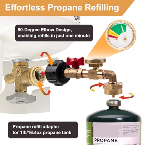 Siasky Upgraded Propane Refill Adapter 20lb to 1lb Converter, Design with Valve and Gauge, QCC1 Propane Refill Adapter 90-Degree Elbow, with ON/Off Control Fill 1 lb Tanks from 5-40 LB Propane Tank - Image 3