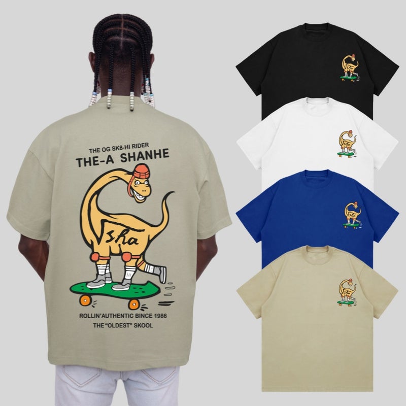 Dinosaur Print Short-Sleeved Men'S Summer American Style High Street Abstract Fashion Brand Half-Sleeved Top Loose Casual Round Neck T-Shirt - Image 3