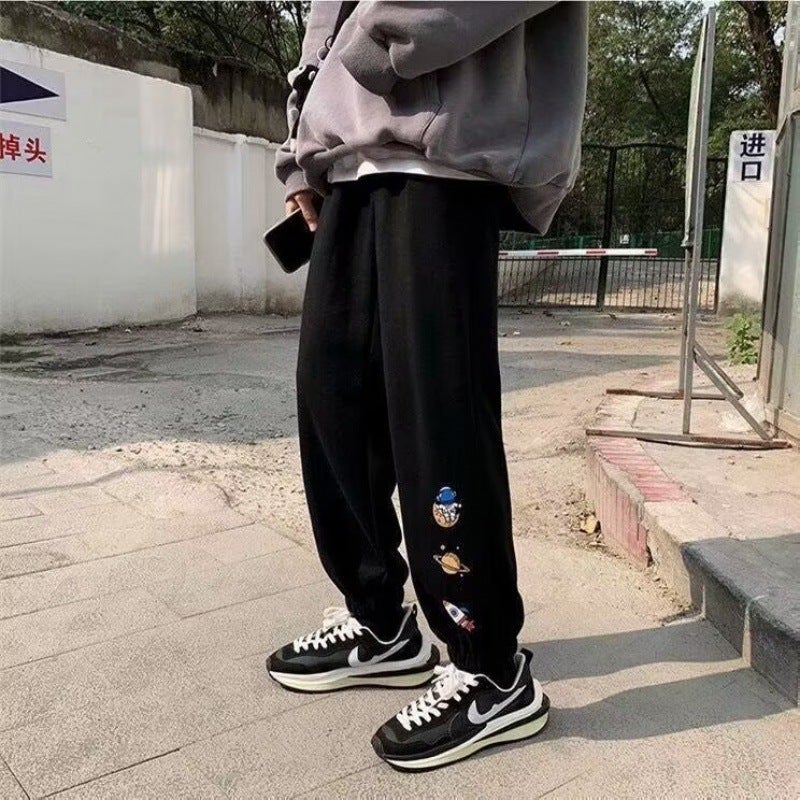 Loose Straight Leg Mens Printed Long Pants Thin Spring Autumn Casual Sports Sweatpants Nine Points Cuffed Lightweight Trousers Light gray