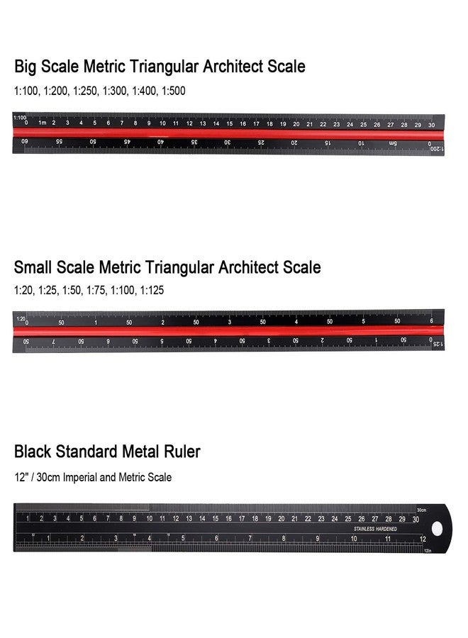 OwnMy 3 Pack 30CM Solid Aluminum Triangular Architect Scale Ruler Set, 3-Colors-Groove Architectural and Engineer Scale Metal Ruler Set, Clear Scale Metal Drafting Rulers for Civil Engineer Blueprint - Image 4