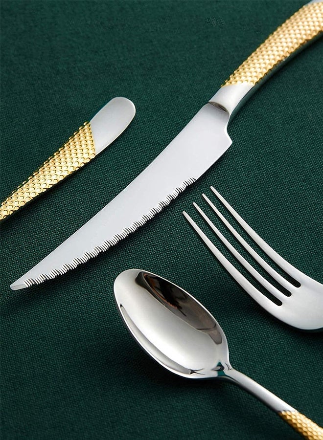 Lemon 4 PCS Hammered Silver Gold Silverware Set, Kitchen Utensil Set, Tableware Cutlery Set, Knives Forks Spoons Set - Image 3