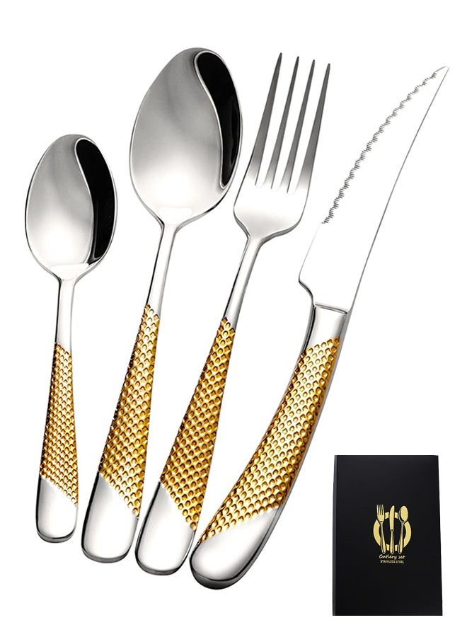 Lemon 4 PCS Hammered Silver Gold Silverware Set, Kitchen Utensil Set, Tableware Cutlery Set, Knives Forks Spoons Set - Image 1