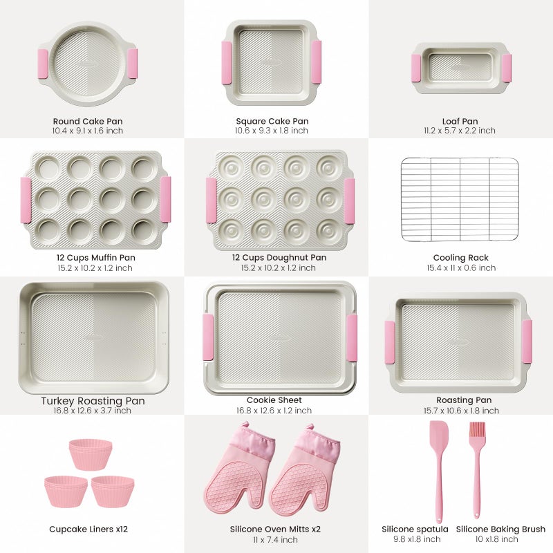 Kikcoin 25 PCS Stackable Baking Pans Set, Non-stick Bakeware Sets with Silicone Handles, 450Â°F Oven Safe Cookie Sheets for Baking, Easy Release Heavy-duty Baking Sheets Non Stick, Pink - Image 2