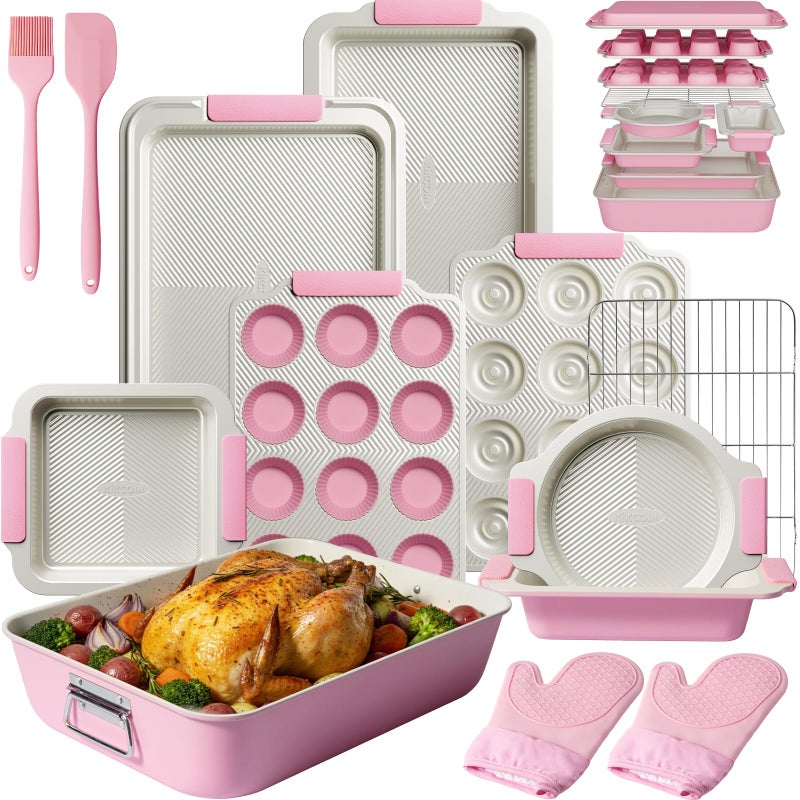 Kikcoin 25 PCS Stackable Baking Pans Set, Non-stick Bakeware Sets with Silicone Handles, 450Â°F Oven Safe Cookie Sheets for Baking, Easy Release Heavy-duty Baking Sheets Non Stick, Pink - Image 1