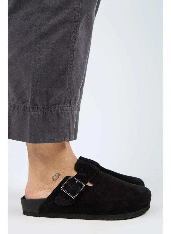 Zeta 2 Women's Genuine Leather Belted Buckle Sabo Black Suede Slipper.