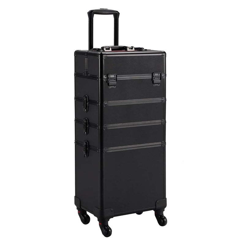 Yaheetech 4 in 1 Professional Makeup Train Case Aluminum Cosmetic Case Rolling Makeup Case Extra Large Trolley Makeup Travel Organizer, with 360° Swivel Wheels, Black