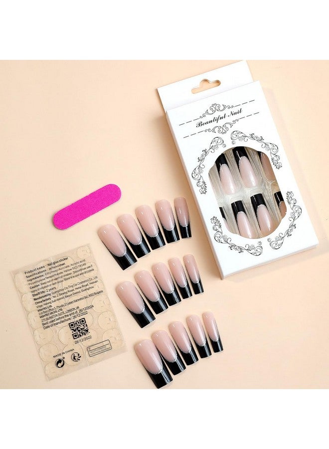 KRTBKR 24Pcs Black French Tip Press On Nails Long Coffin Fake Nails Nude Pink Designs Full Cover Artificial Acrylic Nails Glue On Nails Square False Nails Manicure Art Decorations For Women Girls Diy - Image 4