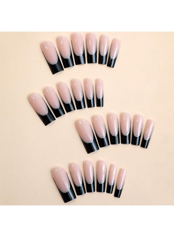 KRTBKR 24Pcs Black French Tip Press On Nails Long Coffin Fake Nails Nude Pink Designs Full Cover Artificial Acrylic Nails Glue On Nails Square False Nails Manicure Art Decorations For Women Girls Diy - Image 2