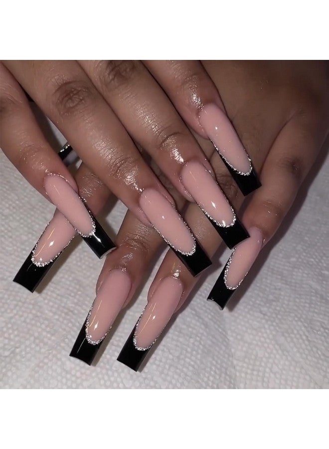 KRTBKR 24Pcs Black French Tip Press On Nails Long Coffin Fake Nails Nude Pink Designs Full Cover Artificial Acrylic Nails Glue On Nails Square False Nails Manicure Art Decorations For Women Girls Diy - Image 1