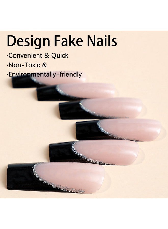 KRTBKR 24Pcs Black French Tip Press On Nails Long Coffin Fake Nails Nude Pink Designs Full Cover Artificial Acrylic Nails Glue On Nails Square False Nails Manicure Art Decorations For Women Girls Diy - Image 3