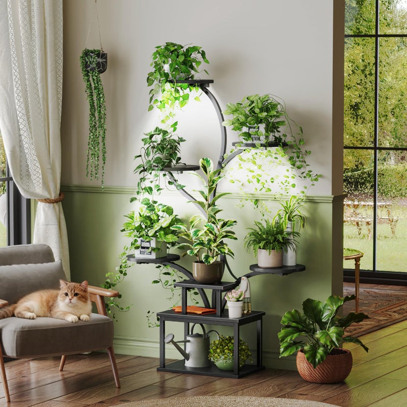 PRAISUN 51 Inch Plant Stand with Grow Lights, 8 Tiered Indoor Plant Shelf with Larger Flower Holder, Curved-tubed Design, 3 Light Modes, Corner Plant Rack for Living Room, Black - Image 4