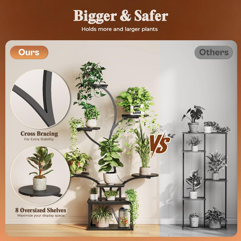PRAISUN 51 Inch Plant Stand with Grow Lights, 8 Tiered Indoor Plant Shelf with Larger Flower Holder, Curved-tubed Design, 3 Light Modes, Corner Plant Rack for Living Room, Black - Image 5
