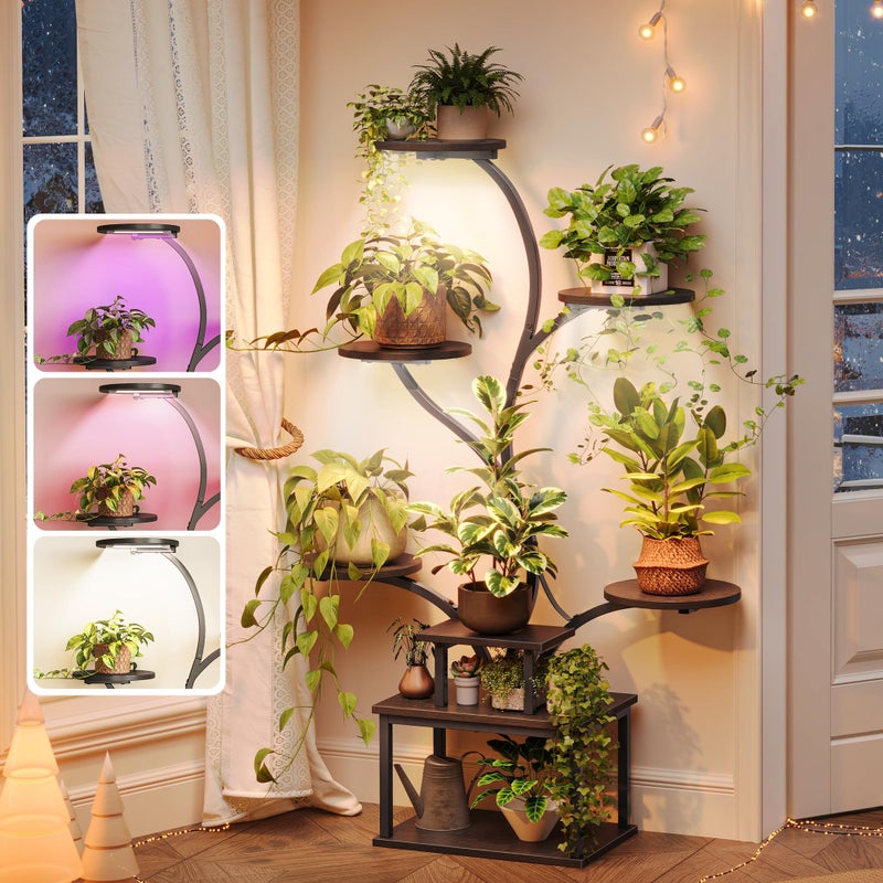 PRAISUN 51 Inch Plant Stand with Grow Lights, 8 Tiered Indoor Plant Shelf with Larger Flower Holder, Curved-tubed Design, 3 Light Modes, Corner Plant Rack for Living Room, Black - Image 1