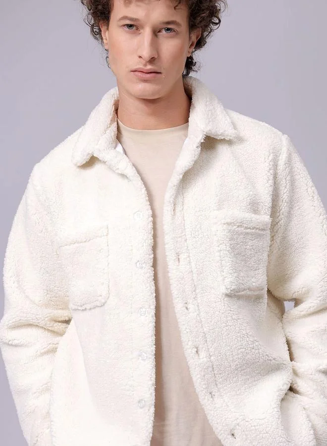 The Indian Garage Co Men White Regular Fit Sherpa Shirt