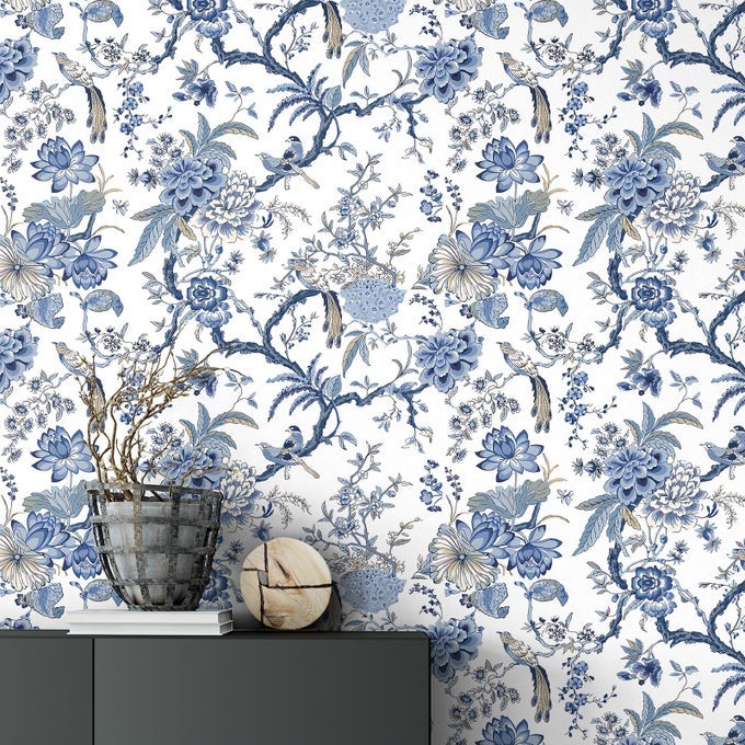 CHINOISERIE PEEL AND STICK WALLPAPER REMOVABLE SELF ADHESIVE WALLPAPER FLORAL BIRDS CONTACT JACOBEAN VINTAGE CONTACT PAPER FOR BEDROOMBLUE AND WHITE1181 X 1575