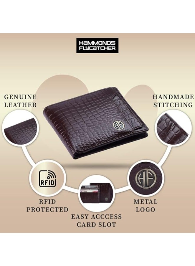 HAMMONDS FLYCATCHER Genuine Leather Wallet for Men - RFID Protected Leather Purse for Men, Money Purse for Men, Bi-Fold Wallet - 3 Card Slots, 1 Card Case, Coin Pocket, Hidden Pockets - Croc Brown