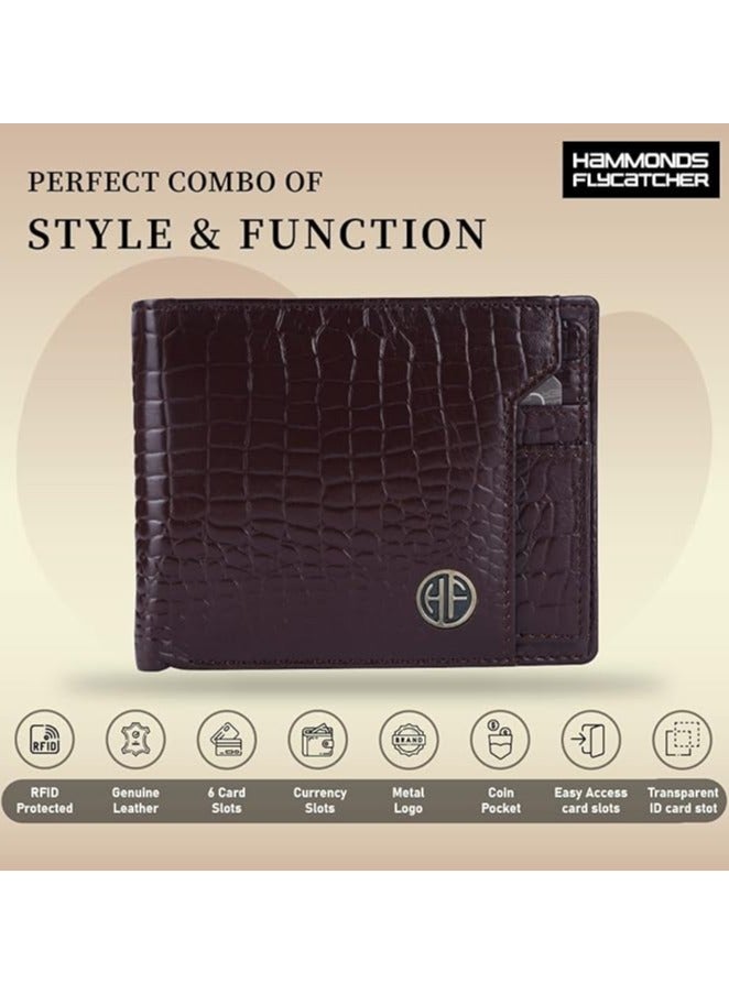 HAMMONDS FLYCATCHER Genuine Leather Wallet for Men - RFID Protected Leather Purse for Men, Money Purse for Men, Bi-Fold Wallet - 3 Card Slots, 1 Card Case, Coin Pocket, Hidden Pockets - Croc Brown