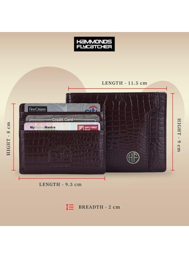 HAMMONDS FLYCATCHER Genuine Leather Wallet for Men - RFID Protected Leather Purse for Men, Money Purse for Men, Bi-Fold Wallet - 3 Card Slots, 1 Card Case, Coin Pocket, Hidden Pockets - Croc Brown