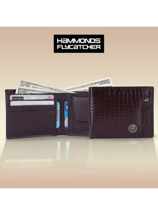 HAMMONDS FLYCATCHER Genuine Leather Wallet for Men - RFID Protected Leather Purse for Men, Money Purse for Men, Bi-Fold Wallet - 3 Card Slots, 1 Card Case, Coin Pocket, Hidden Pockets - Croc Brown