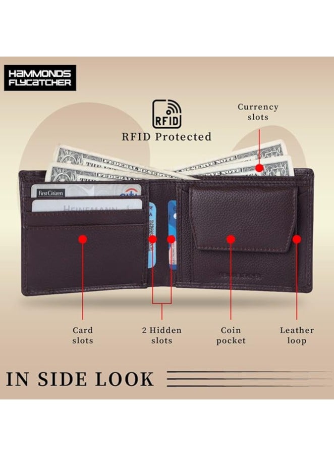 HAMMONDS FLYCATCHER Genuine Leather Wallet for Men - RFID Protected Leather Purse for Men, Money Purse for Men, Bi-Fold Wallet - 3 Card Slots, 1 Card Case, Coin Pocket, Hidden Pockets - Croc Brown