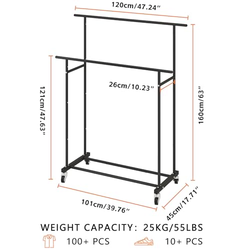 Calmootey Double Rod Clothing Garment Rack,Rolling Hanging Clothes Rack,Portable Clothes Organizer for Bedroom,Living Room,Clothing Store,Black - Image 3