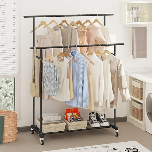 Calmootey Double Rod Clothing Garment Rack,Rolling Hanging Clothes Rack,Portable Clothes Organizer for Bedroom,Living Room,Clothing Store,Black - Image 4