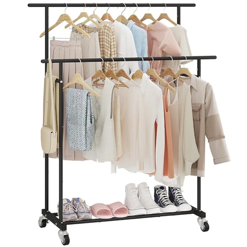 Calmootey Double Rod Clothing Garment Rack,Rolling Hanging Clothes Rack,Portable Clothes Organizer for Bedroom,Living Room,Clothing Store,Black - Image 1