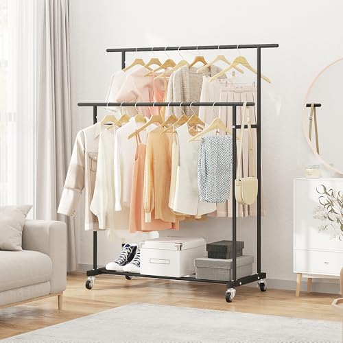 Calmootey Double Rod Clothing Garment Rack,Rolling Hanging Clothes Rack,Portable Clothes Organizer for Bedroom,Living Room,Clothing Store,Black - Image 5