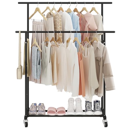 Calmootey Double Rod Clothing Garment Rack,Rolling Hanging Clothes Rack,Portable Clothes Organizer for Bedroom,Living Room,Clothing Store,Black - Image 2