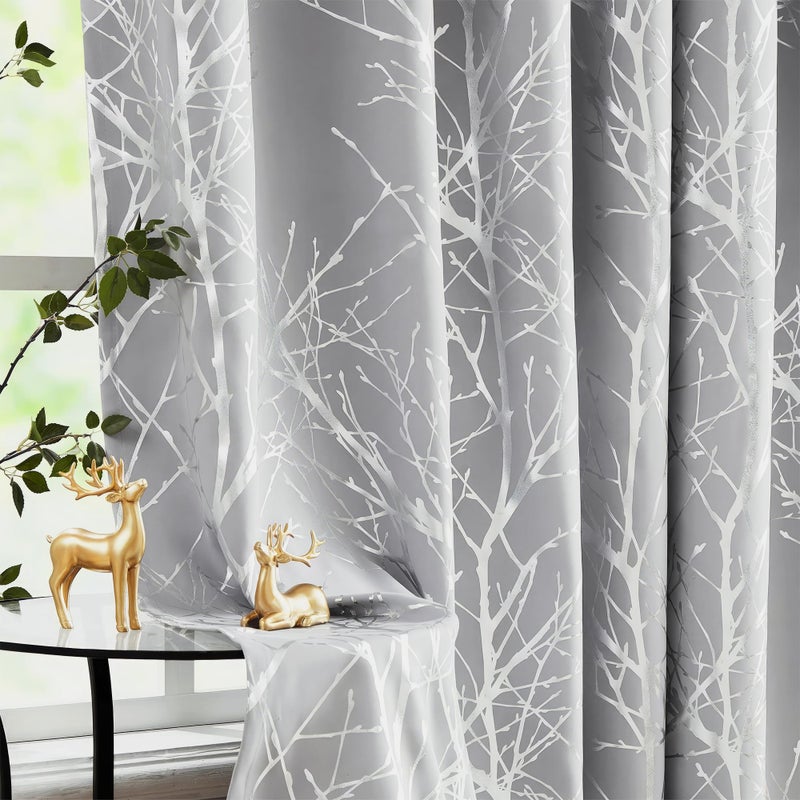 FMFUNCTEX 100 Blackout Curtains for Bedroom Curtains 63 Inch Length Silver on Grey Tree Curtains for Living Room Silver Foil Room Darkening Thermal Insulated Branch Curtain 2 Panels Grommet Top