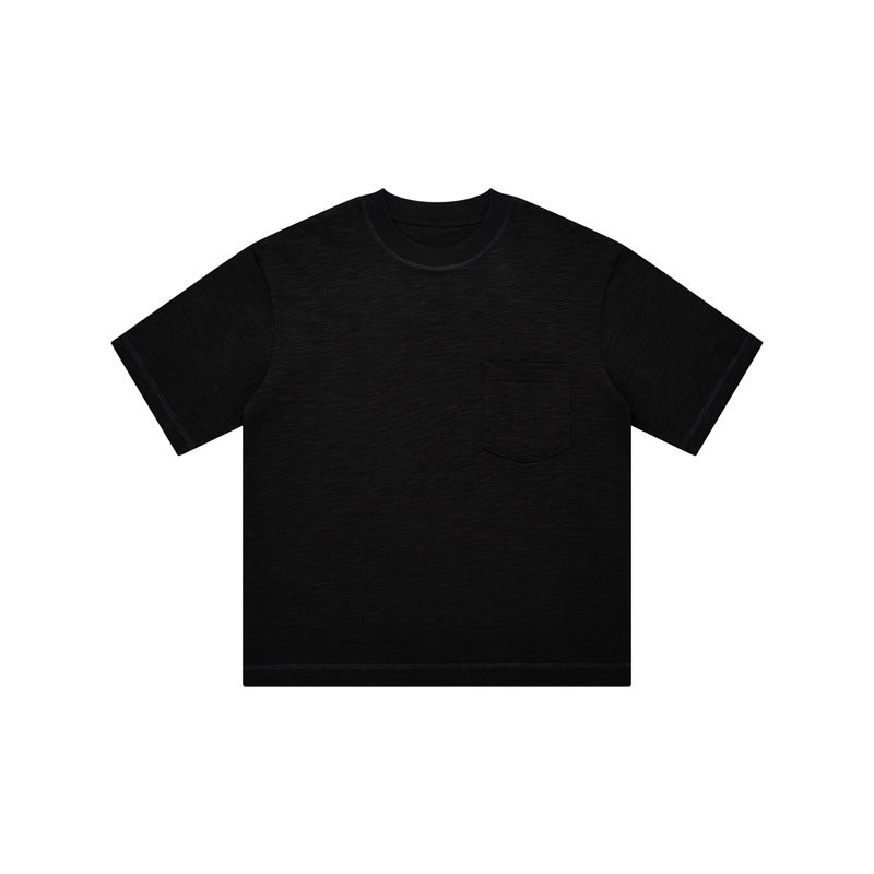 Spring and Summer Niche Design Top Line Chest Bag Wide Crewneck Short Sleeve T-shirt Womens Heavy Slub Cotton Texture Loose Half Sleeve Coffee - Image 5