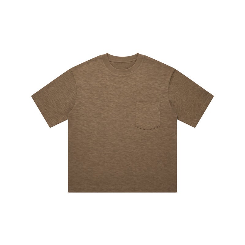 Spring and Summer Niche Design Top Line Chest Bag Wide Crewneck Short Sleeve T-shirt Womens Heavy Slub Cotton Texture Loose Half Sleeve Coffee - Image 1