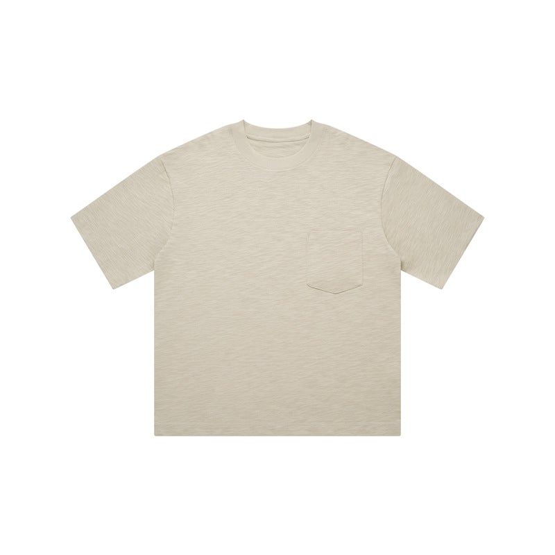 Spring and Summer Niche Design Top Line Chest Bag Wide Crewneck Short Sleeve T-shirt Womens Heavy Slub Cotton Texture Loose Half Sleeve Coffee - Image 3