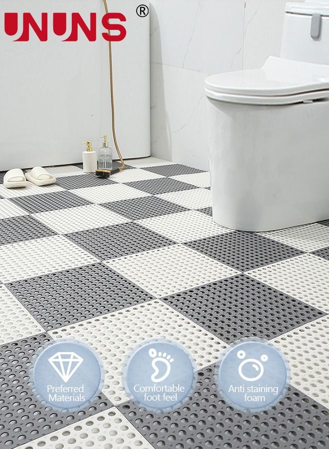 UNUNS سجادة حمام مضادة للانزلاق، 12 عبوة 11.8 بوصة × 11.8 بوصة سجادات أرضية ناعمة متشابكة مع فتحات تصريف، سجادة أرضية DIY للمنزل والمطبخ والحمام والدش والشرفة (6 قطع عادية رمادي + 6 قطع أبيض) - Image 3