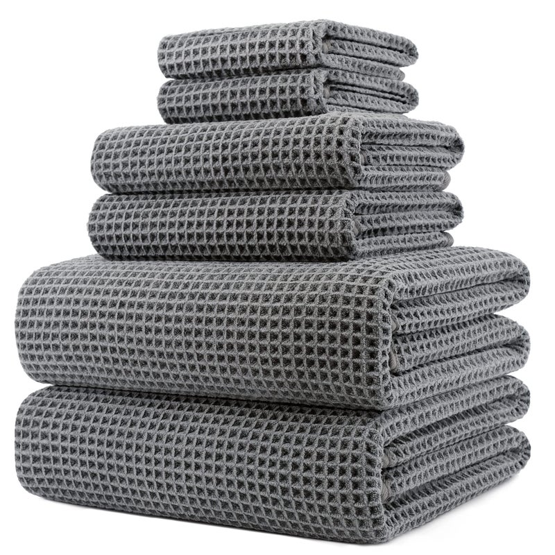 POLYTE Oversize, 60 x 30 in., Quick Dry Lint Free Microfiber Bath Towel Set, 6 Piece (Waffle Weave) - Image 1