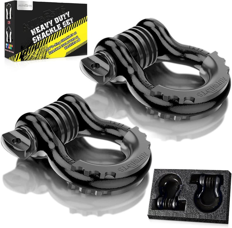AUTOBOTS Bow Shackles 3/4" D Ring Shackle (2 Pack), 48,000Ib Break Strength with 7/8" Pin, 2 Isolator and 4 Washers Kit for Offroad Vehicle Truck Recovery Black - Image 1