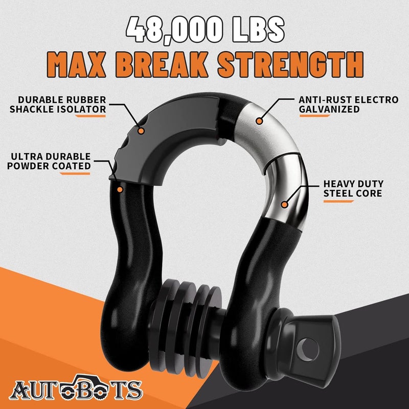 AUTOBOTS Bow Shackles 3/4" D Ring Shackle (2 Pack), 48,000Ib Break Strength with 7/8" Pin, 2 Isolator and 4 Washers Kit for Offroad Vehicle Truck Recovery Black - Image 2