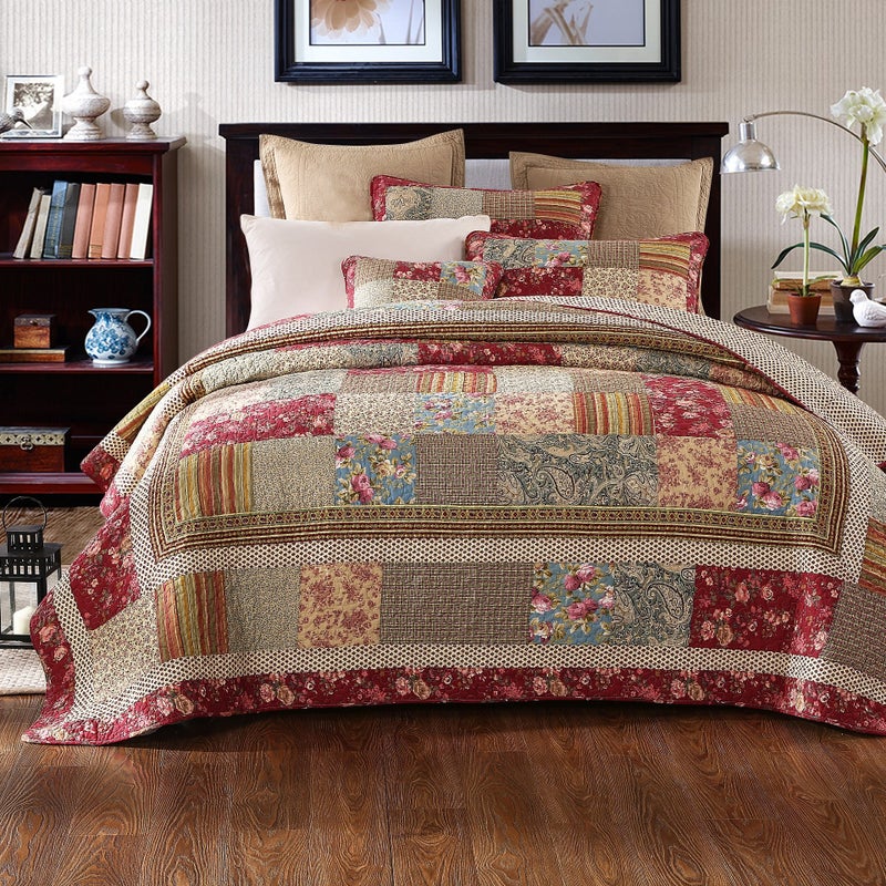 Tache Home Fashion Tache Cotton Patchwork Country Farm Cottage Vintage Antique Ditsy Floral Paisley Burgundy Beige Lightweight Coverlet Fairy Tale Tea Party Quilt Set California King 