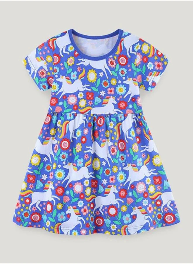 YUNIQEE Blue A-Line Crew Neck Printed Dress
