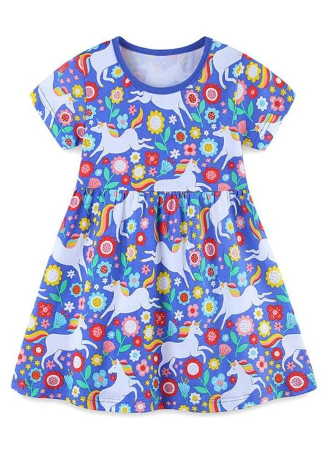YUNIQEE Blue A-Line Crew Neck Printed Dress
