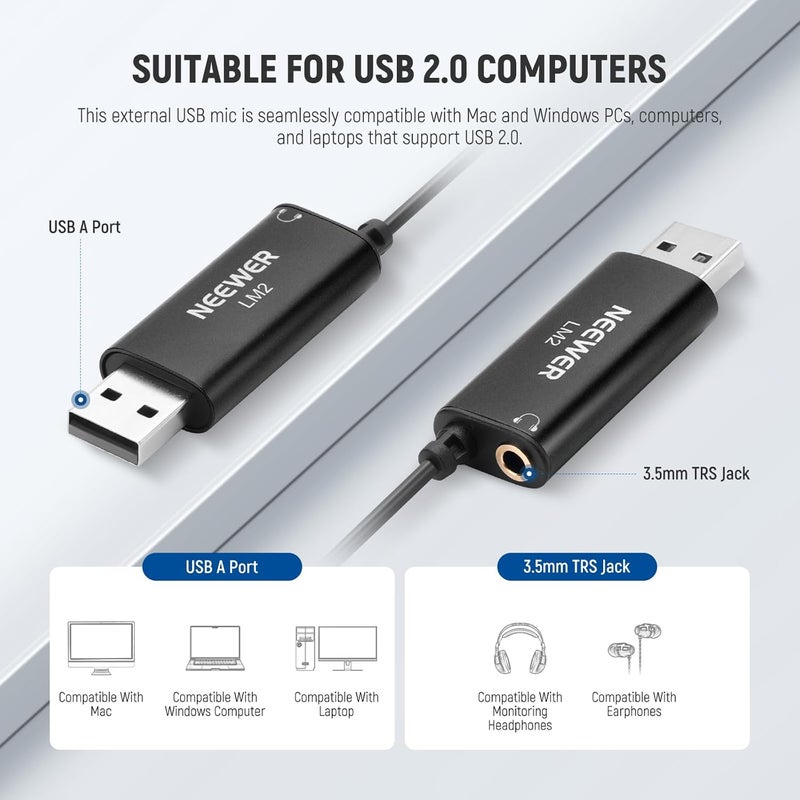 Neewer USB Lapel Microphone, Plug & Play Mini Omnidirectional Clip On Lavalier Mic with 3.5mm Monitoring Headphones Jack for USB 2.0 Mac Windows PC Laptop Computer YouTube Skype Podcast Gaming, LM2 - Image 3